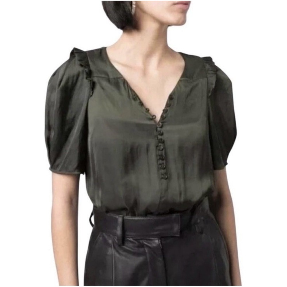Zadig & Voltaire Green Twity Satin Top Women M Button Up  Workwear Puff Sleeve
